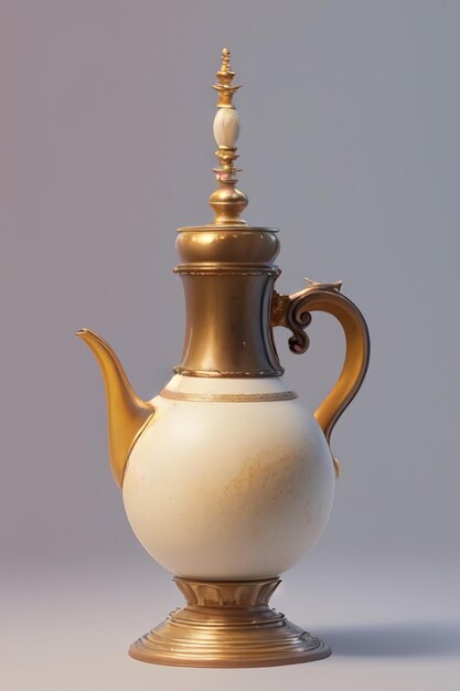 A white teapot with a gold handle and a gold handle.