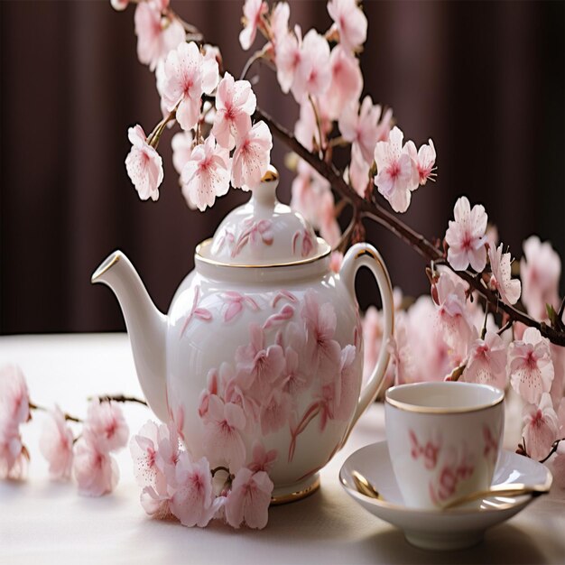 Photo a white teapot with pink flowers on it and a teapot on the table