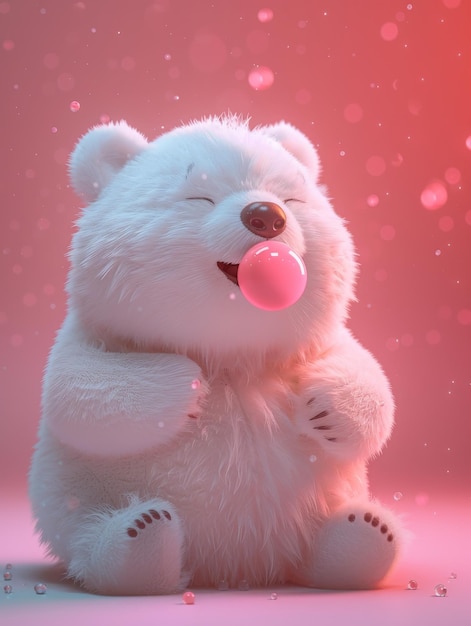 Photo a white teddy bear is holding a pink bubble gum in its mouth