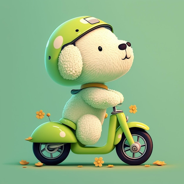 A white teddy bear riding a green scooter with a green helmet.