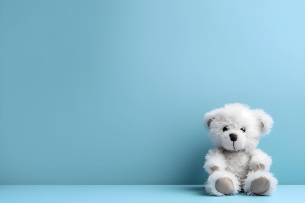 A white teddy bear sits on a blue background.