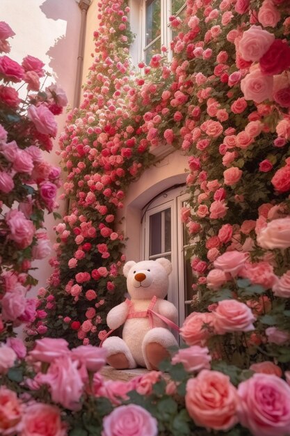 A white teddy bear sits in front of a window covered in roses.