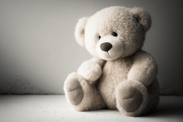 A white teddy bear sits on a table with a dark background.