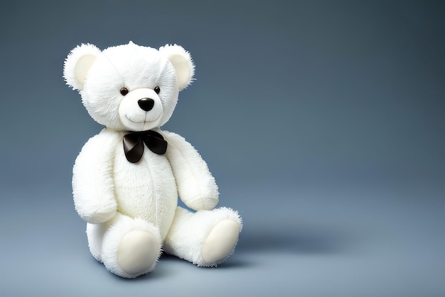 white teddy bear sitting up against a plain background