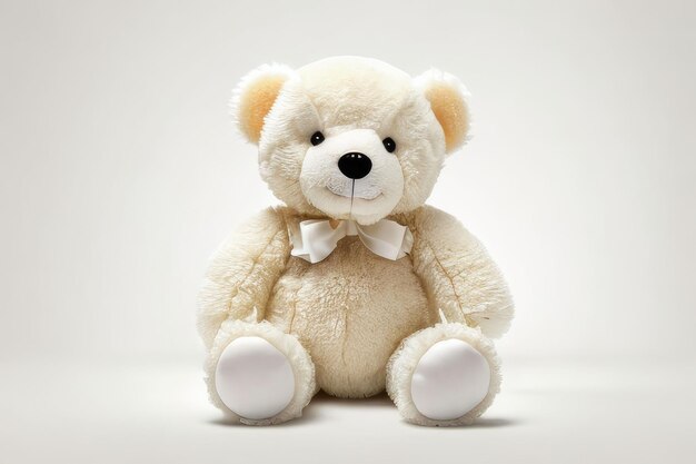 white teddy bear sitting up against a plain background