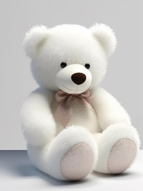 a white teddy bear with a bow tie sits on a table