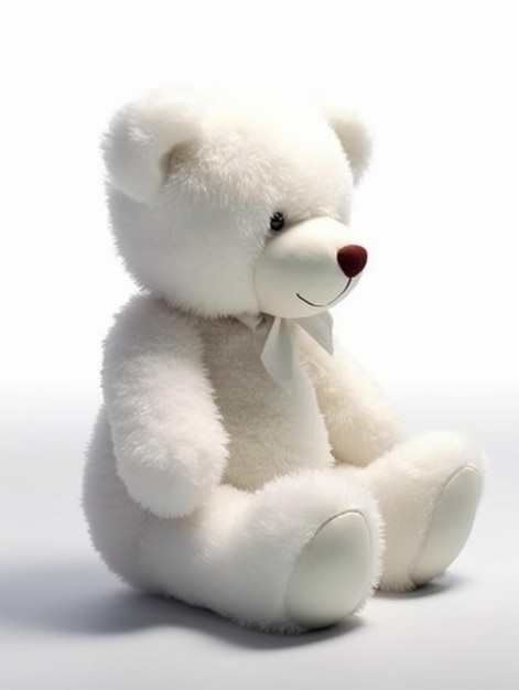 a white teddy bear with a bow tie on sits on a white surface