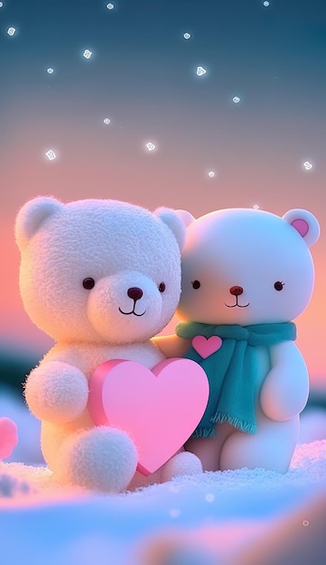 a white teddy bear with a green scarf and a pink heart