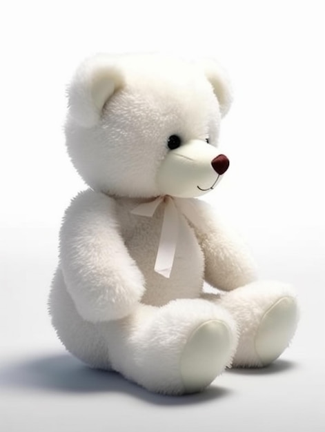 a white teddy bear with a ribbon around its neck