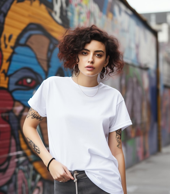 White Tee shirt mockup a brunette woman with tattoo stylish white tshirt and jeans hippie chic close