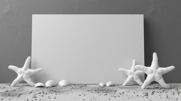 Photo a white template with starfish and seashells on a gray background