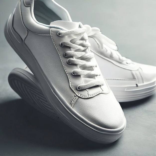 White tennis shoes on gray background