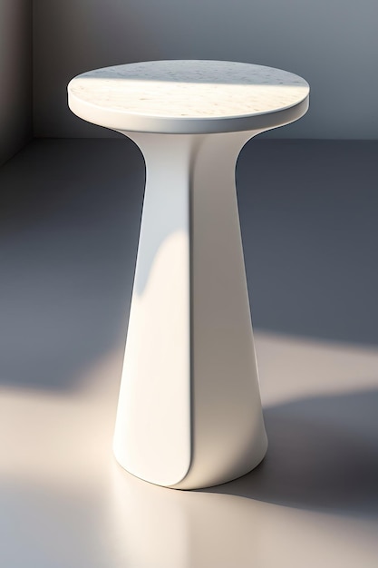 白いテラゾーの丸い花崗岩の表彰台サイドテーブル、空白のクリームホワイトの日光の影にヤシの葉