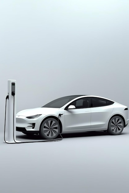 A white tesla car charging at a charging station generative ai