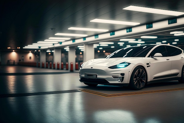 Белый автомобиль Tesla Model 3 в гараже.