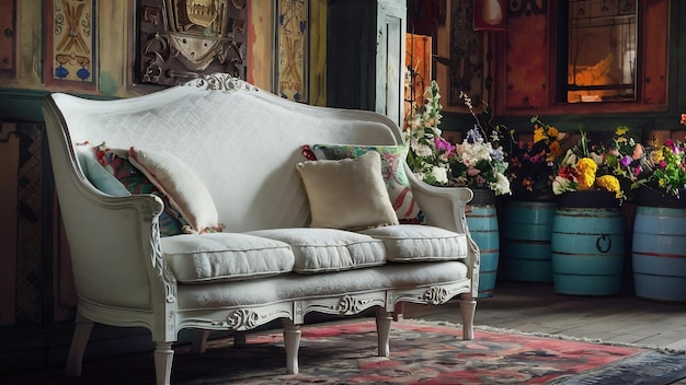 White textile classical style sofa in vintage room flowers ob painted barrels