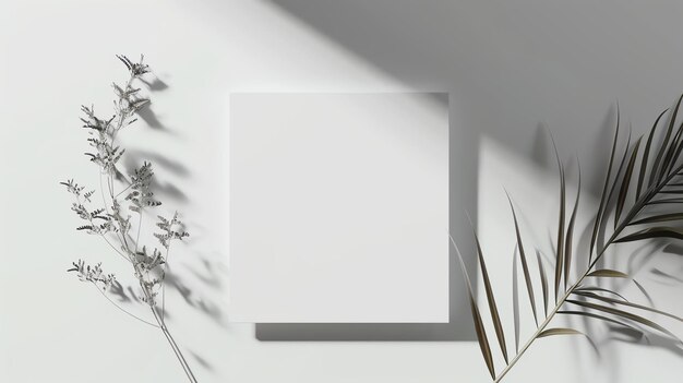 Photo white textured paper mockup with shadows of decorative plants on a white background