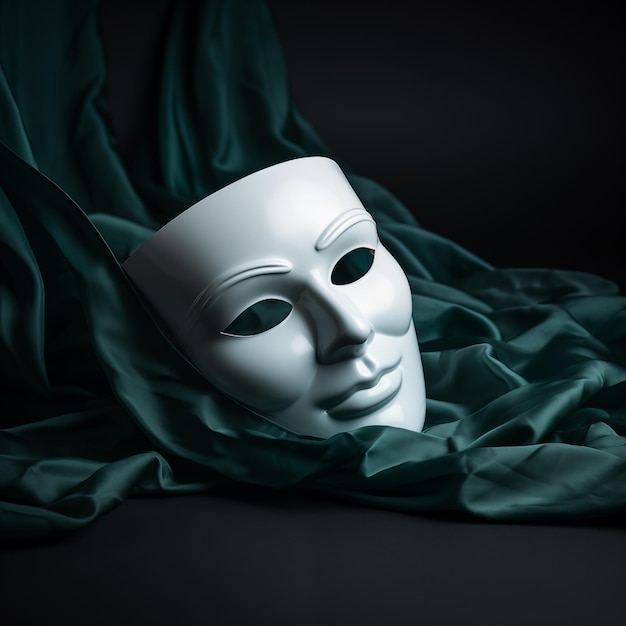 white theatrical mask on a dark background in the style of dark teal and dark green