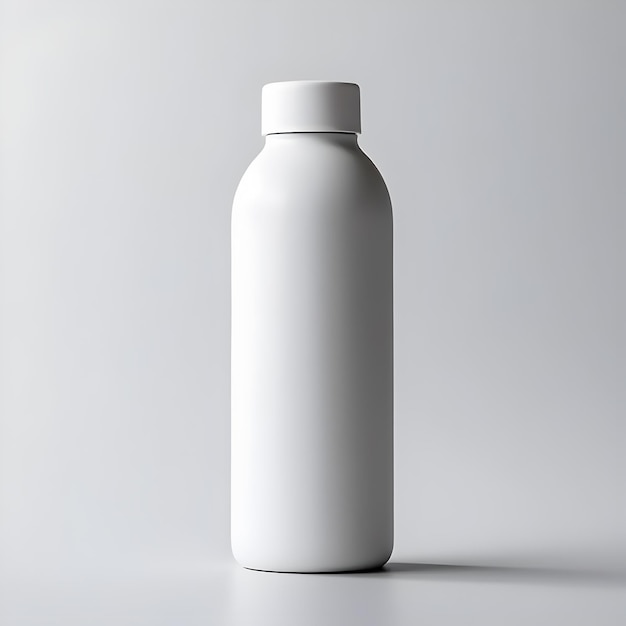 White thermal bottle levitating on a grey background with a shadow