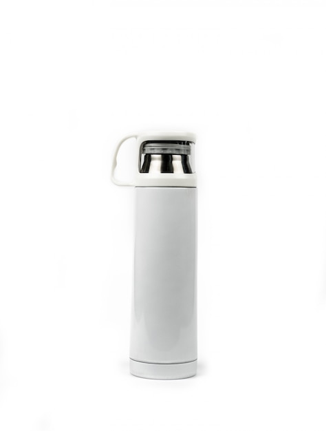 White thermos bottle isolated on white background with copy space