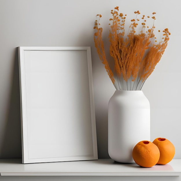 White thin vertical frame mock up beside vase with dry orange flowers white wall