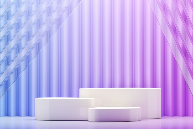 white three platform on a blue and purple gradient zigzag background