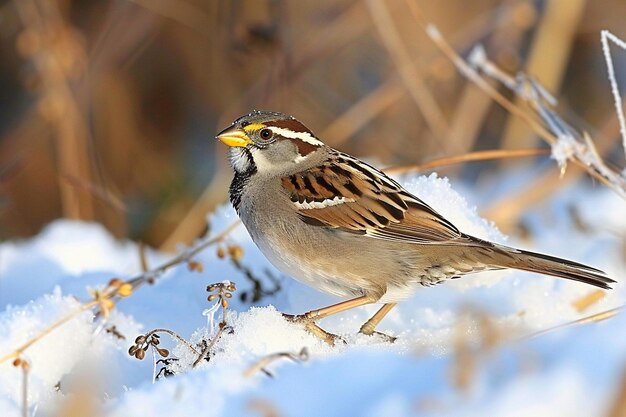 A white throated sparrow in a snowy scene