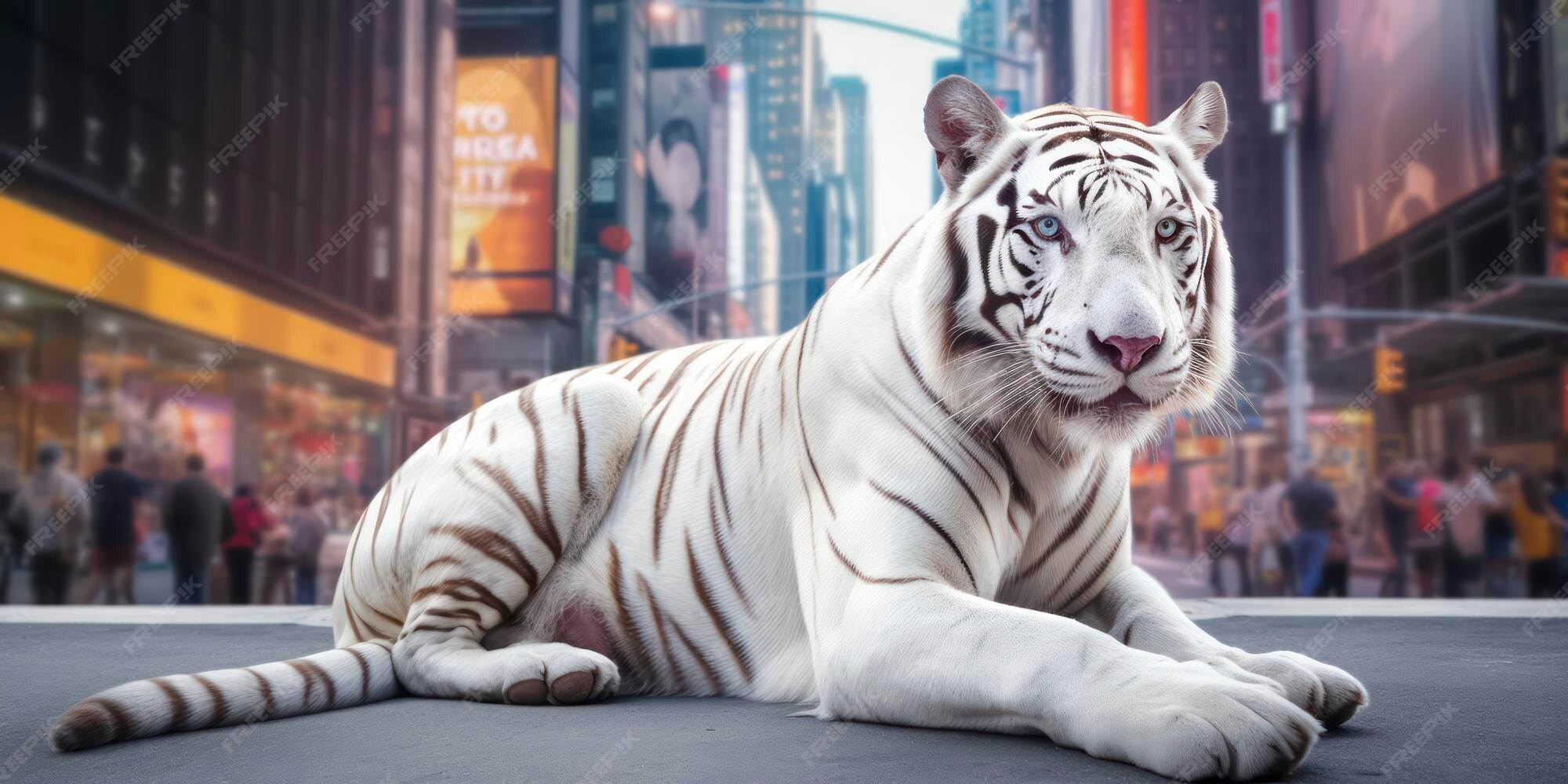 Premium AI Image | White tiger on the city background
