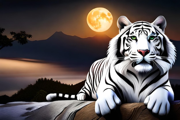 Foto tigre bianco su una scogliera con la luna sullo sfondo