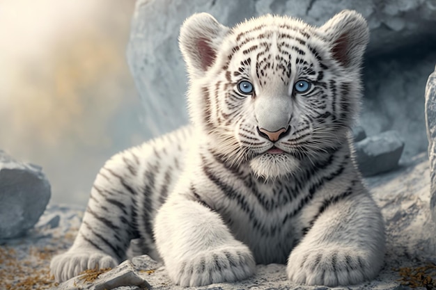 White tiger cub with blue eyes Generative AI