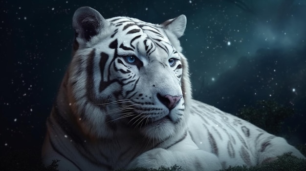 White tiger on a dark background with a starry skygenerative ai