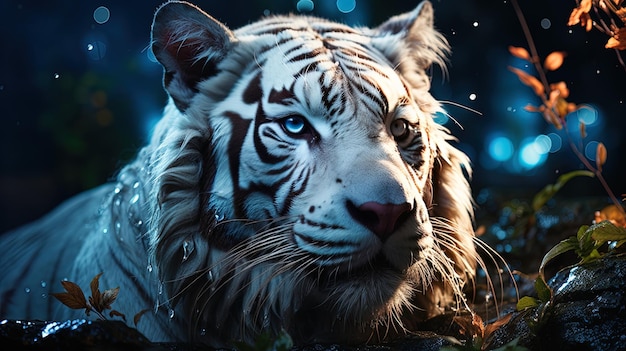 White tiger in the dark forest closeup portrait of a wild animal AI generative