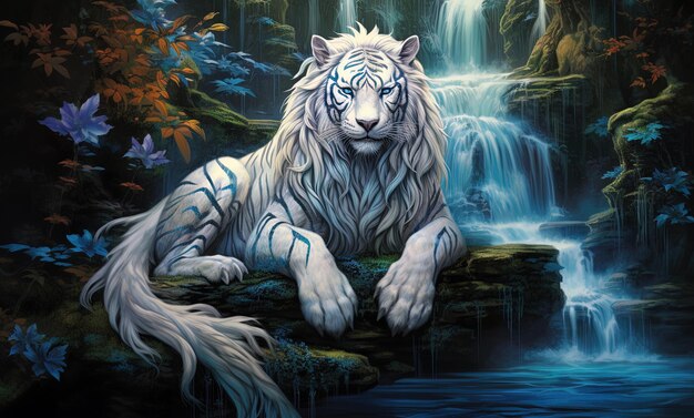 a white tiger is laying on a rock in front of a waterfall