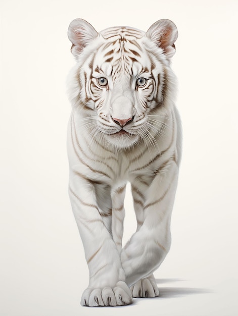 A white tiger is standing on a white background.