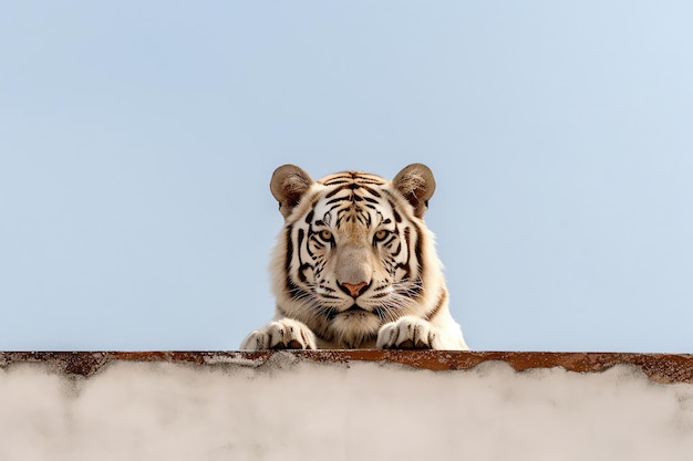 A white tiger looks over a wall