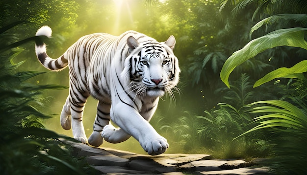 Photo white tiger running and hop in the wilderness