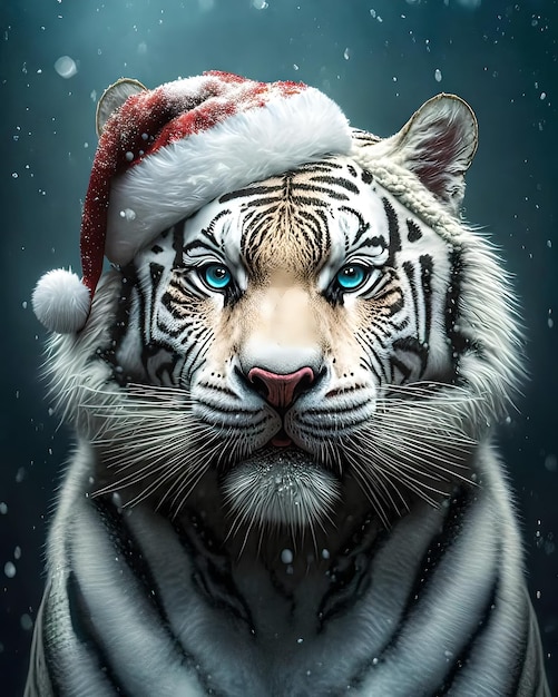 A white tiger wearing a santa hat