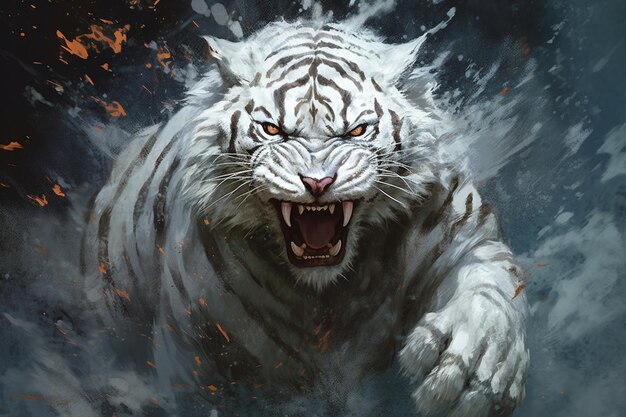 A white tiger with a big mouth and a big grin on its face.