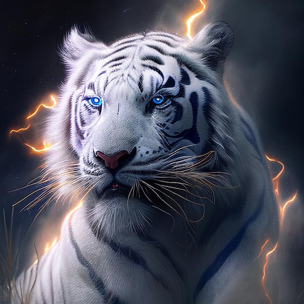 Photo a white tiger with blue eyes and a black background