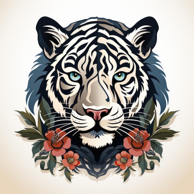 Белый тигр с голубыми глазами и цветами