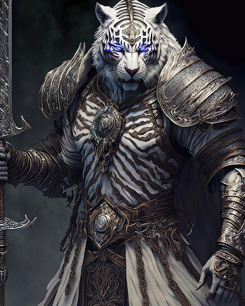 A white tiger with blue eyes holds a sword.