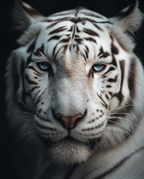 A white tiger with blue eyes is looking at the camera.