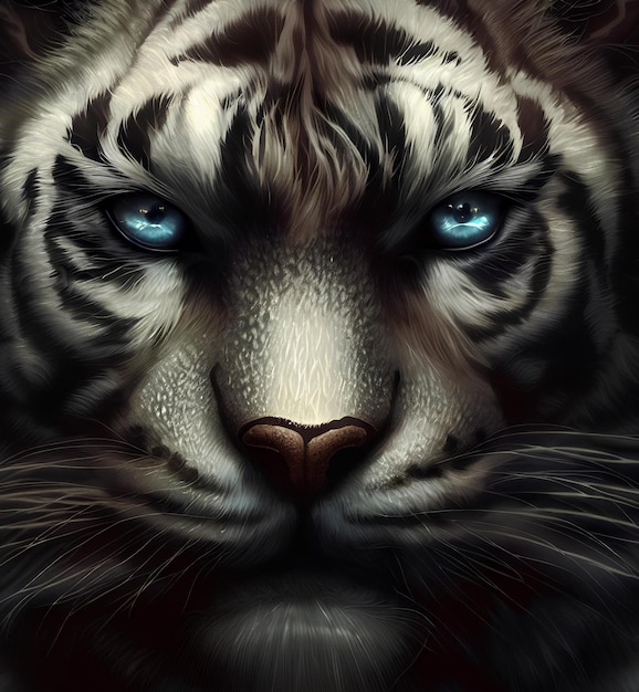 A white tiger with blue eyes is looking at the camera