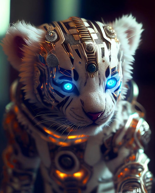 A white tiger with blue eyes is sitting on a dark surface.