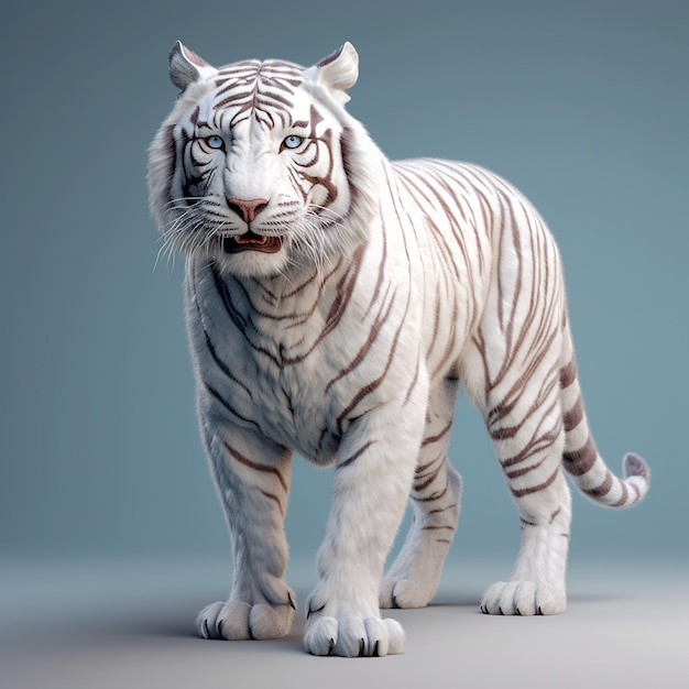 A white tiger with blue eyes is standing on a grey background.