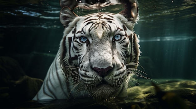 A white tiger with blue eyes is swimming in the water.