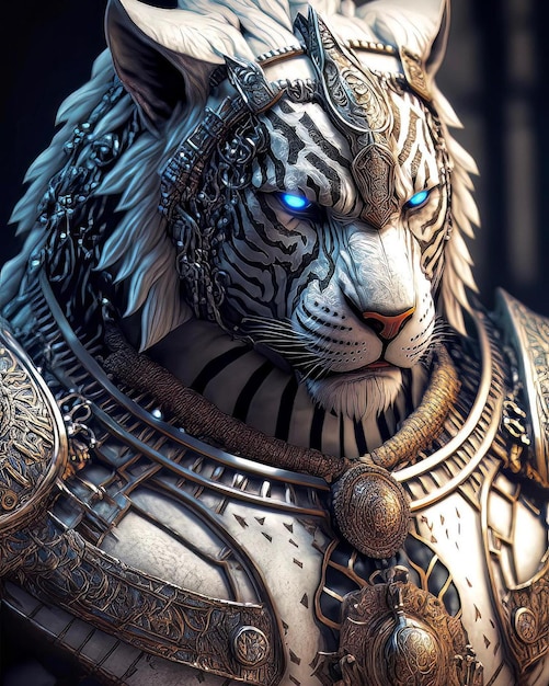 A white tiger with blue eyes and a silver chain around his neck.