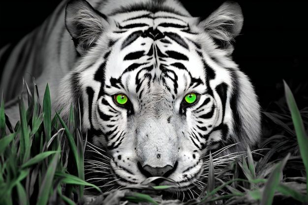 草の中に緑の目を持つ白い虎の黒と白の写真