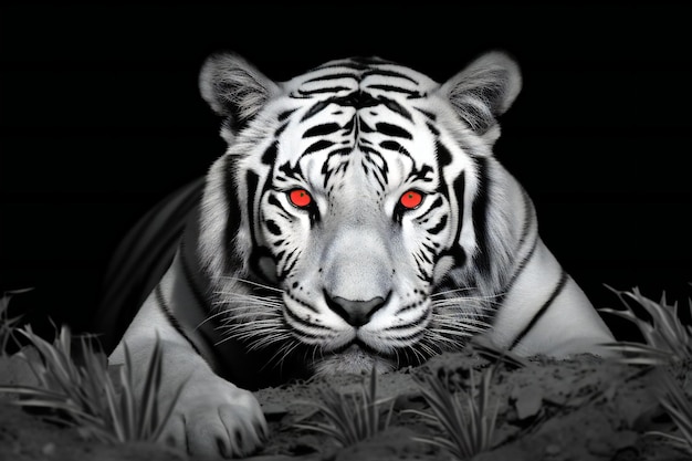 White tiger with red eyes in the dark