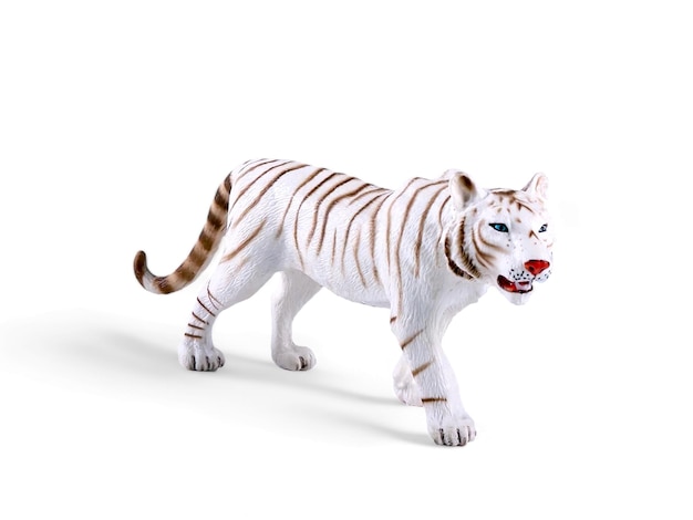 A white tiger with a red nose is standing on a white background